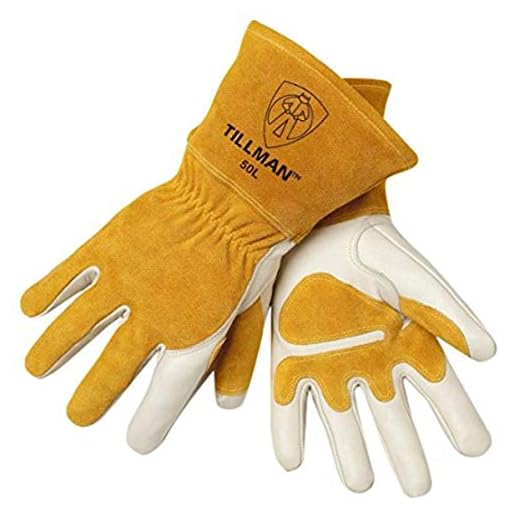 Tillman Medium 14" Gold and Pearl Top Grain Split Back Cowhide Fleece Lined MIG Welders Gloves with 4" Cuff and Kevlar Thread Locking Stitch (Carded)