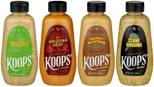 Koops' Fan Favorites Mustard Variety Pack – Horseradish, Arizona Heat, Honey Mustard, & Stone Ground – Gluten-Free, Kosher, Made in USA, From Quality Mustard Seeds – 12 Oz, Pack of 4