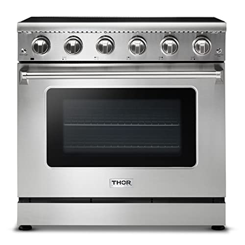 Thor Kitchen 36 Inch Professional Electric Range with 5 Heating Elements Cooktop, 6.0 Cu. Ft. Covection Oven Capacity, Multiple cooking modes & Smooth Glass Top, in Stainless Steel, HRE3601