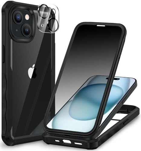 CENHUFO for iPhone 15 Case, Privacy Phone Cover with Built-in Anti Peep Tempered Glass Privacy Screen Protector and Camera Lens Protective, Full Body Shockproof Anti Spy Clear Double Bumper -Black