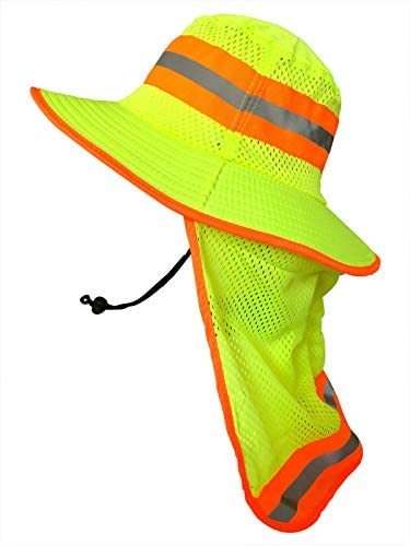 Men High Visibility Reflective Sun Hat with Neck Flap Wide Brim Boonie Hat Bucket Cap (1pc Neon Lime)