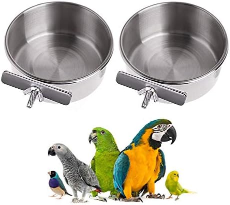 2 Pack Bird Feeding Dish Cups with Clamp Stainless Steel Parrot Food Water Bowl for Macaw African Greys Budgies Parakeet Cockatiels Conure Lovebird Finch Small Animal Cage Bowl 10 Ounce