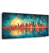 GAFSING Canvas Wall Art Blue Red Cityscape with a Radiant Golden Moon Night Painting artwork Pict...