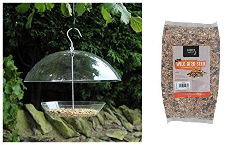 garden mile® Clear Hanging Dome Canopy Seed Feeder Bird Feeder with 1kg Bag of Bird Feed Seed Hanging Bird Nut Seeds Bird Feeder Outdoor Garden Patio Wild Birds Wildlife Food