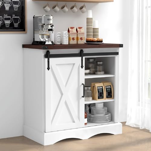 HOMFAMILIA Upgraded 32"H Farmhouse Coffee Bar Cabinet w/Storage, Thickened Top Kitchen Sideboard Buffet Cabinet w/Sliding Barn Door, Rustic Accent Console w/Adjustable Shelves for Kitchen,Living Room