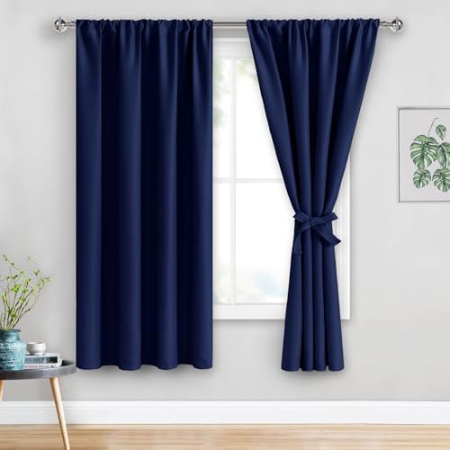 JIUZHEN Blackout Curtains for Bedroom– Thermal Insulated,Noise Reducing Room Darkening Drapes for Living Room, Rod Pocket Curtains with Tiebacks, Set of 2 Panels, 42 x 63 Inch Length, Navy Blue