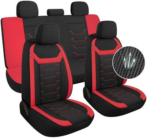 AOKAOK 3D Air-Mesh Car Seat Covers Full Set, Breathable and Split Bench Compatible Seat Covers for Cars, Universal Car Interior Covers for Most Cars Sedan Truck SUV(Black/Red)