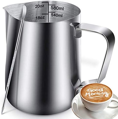 20oz Milk Frothing Pitcher, Stainless Steel Espresso Latte Cup Steaming Pitcher Creamer Cup, Milk Frother Cup Espresso Machine Accessories Barista Tools Jug for Coffee Cappuccino with Latte Art Pen