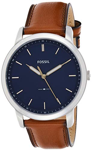 Fossil Men's Minimalist Quartz Leather Casual Watch Watch, Color: Silver/Blue, Brown (Model: FS5304)