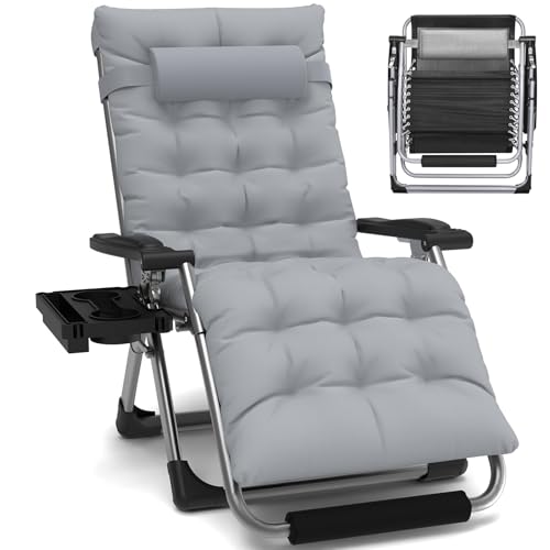 Slendor Oversized Zero Gravity Chairs XL, Padded Anti Gravity Chair, 29in Zero Gravity Lounge Chair, Folding Reclining Chair w/Aluminum Alloy Lock, Headrest, Cup Holder, Support 440lbs, Gray