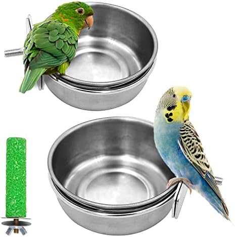 2 Pack Birds Food Dish Parrot Stainless Steel Feeding Cups Bird Feeders Water Cage Bowls with Clamp Holder and 1 Pcs Bird Perch Stand Toy for Parakeet Cockatiels Lovebird Budgie Chinchilla (H01)