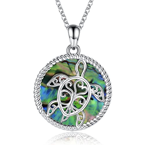 MANBU Sterling Silver Sea Turtle Necklace Tree of Life Tortoise Abalone Pendant Holiday Beachy Jewelry Gift for Women Mom Ocean Lover (abalone turtle necklace)