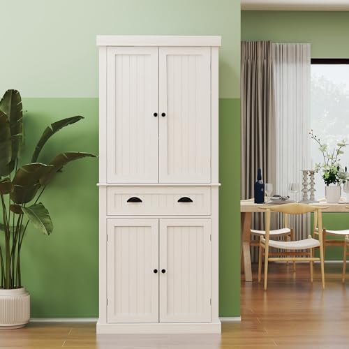 OQSC 72" Freestanding Kitchen Pantry Cabinet White Pantry Storage Cabinet, Tall Storage Cabinets with Doors and Shelves for Kitchen, Large Kitchen Cupboard (Stripe)