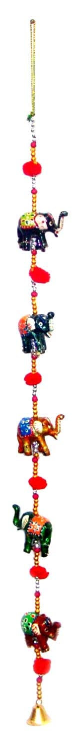 Rastogi Handicrafts Door Hanging Decorative Five Hand Painted Elephant Stringed Together with Beads and Small Bell in Mix Assorted Color Combination