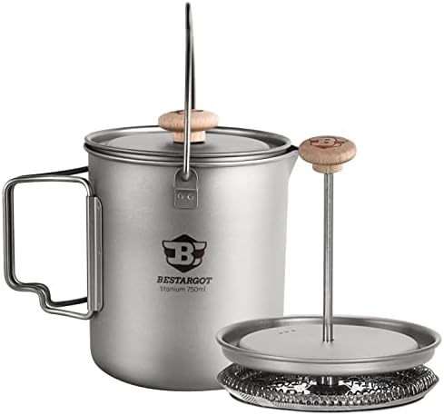 Bestargot Cafetiere Camping en Titane 750ml,Cafetière à Piston,Ultralight Tasse à Titane,Popote Bivouac Multifonctions,Titane Pur,Léger et Portable 188g