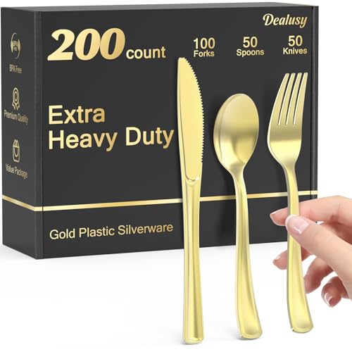 Dealusy 200 Count Heavy Duty Gold Plastic Silverware, 100 Forks, 50 Spoons, 50 Knives, BPA-Free, Heat Resistant, Disposable Gold Plastic Utensils Set, Gold Plastic Cutlery Set, Plasticware Bulk  