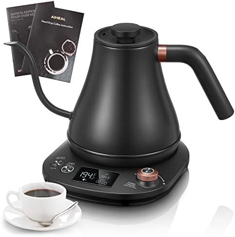 Electric Gooseneck Kettle Temperature Control, Pour Over Electric Kettle for Coffee and Tea, 100% Stainless Steel Inner, 1200W Rapid Heating, 0.8L, Built-in Stopwatch, Matte Black