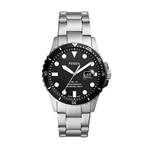 Fossil Men's FB-01 Quartz Stainless Three-Hand Watch, Color: Silver, Black Dial (Model: FS5652)