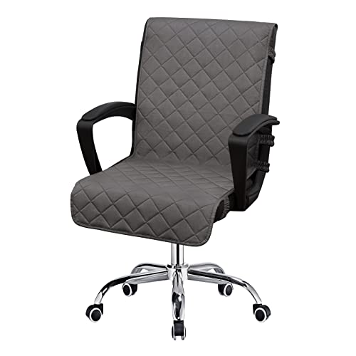 quilted chair cover - Easy-Going Reversible Office Chair Cover Water Resistant Dining Chair Cover Soft Desk Computer Chair Slipcover with Anti-Slip Buckle for Armchair or Armless Chair (Medium, Gray/Dark Gray)