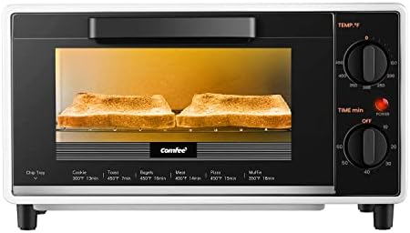 COMFEE' Mini 2-Slice Toaster Oven, Countertop toaster oven, 2-Knobs Easy to Control with Timer for Bake, Broil, Toast, 1000W, Black/White (CO-B08AA(BK))