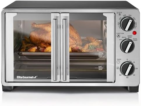 Elite Gourmet ETO2530M Double French Door Countertop Toaster Oven, Bake, Broil, Toast, Keep Warm, Fits 12" pizza, 25L capacity, Stainless Steel & Black