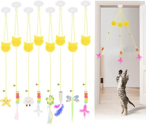 AccEncyc 8 Pack Interactive Cat Feather Toys Doorway Cat Toys for Indoor Cat Interactive Door Hanging Cat Toys Retractable Teaser Toy Over The Door Cat Toys Hanging String Toys for Cats