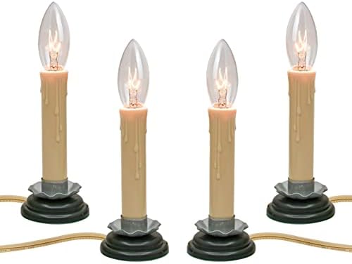 5 Inch Electric Window Candle Lamp with Black Plum Iron Base, Electric Country Candle Lamp with 7W C26 Clear Bulb, Plug in Electric Candle Ready to Turn On/Off, Ivory/Cream- Set of 4, Beige Wire