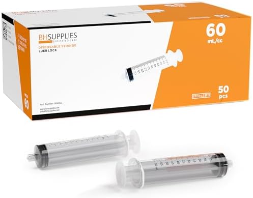 BH Supplies 60ml Luer Lock Tip Syringes (No Needle) - Sterile, Individually Wrapped - 50 Syringes