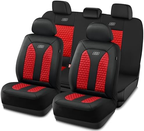 Skechers Memory Foam™ Car Seat Cover Full Sets, Hexcomb Breathable Thick Seat Covers, Airbag Compatible, Automotive Comfort & Protection for Most Cars,Van,Trucks, SUVs (Red,Full Set)