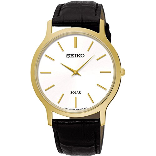 SEIKO SUP872P1,Men's Solar Quartz,Gold tone Stainless steel Case,Leather Strap,30m WR,SUP872