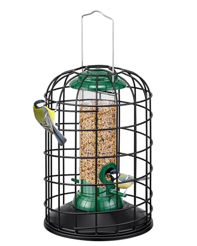 iBorn Squirrel Proof Bird Feeder with Squirrel, Pestoff Hanging Wild Bird Seed Feeder for Mix Seed Blends, Sunflower Heart, Birdbath, Heavy Duty All Metal Anti-UV Finishing, Green 8 Inch