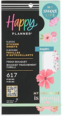 Happy Planner Sticker Pack for Calendars, Journals, and Diary Planners, Multicoloured Scrapbook Accessories, Fresh Bouquet Theme, Classic Size, 30 Sheets, 617 Total Stickers