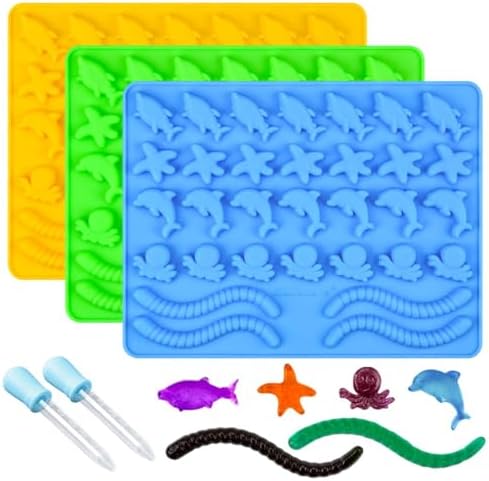 Gummy Molds Hard Candy Molds - Candy Molds Silicone Including Worms, Starfishs, Dolphins, Octopus, Sharks Sea Mold, Pinch Test Approved Pack of 3 Ocean Molds