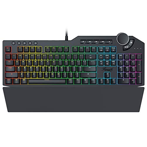 Rosewill Mechanical Gaming Keyboard, 15 RGB Backlit Modes, 2-Port USB Passthrough, Media Keys and Multifunctional Volume Dial, Magnetic Wrist Rest, Tactile Brown Switches - NEON K90 RGB BR, Black