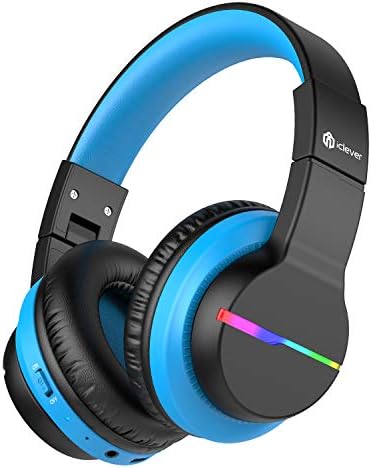 iClever BTH12 Kids Headphones, Colorful LED Lights Kids Wireless Headphones with 74/85dBA Volume Limited Over Ear, 55H Playtime, Bluetooth 5.2, Built-in Mic for School/Tablet/PC/Airplane, Black&Blue