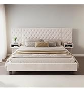 Wide Headboard Upholstered Bed with 2 Nightstands,Queen Size Platform Bed with Tufted Wingback,Mo...