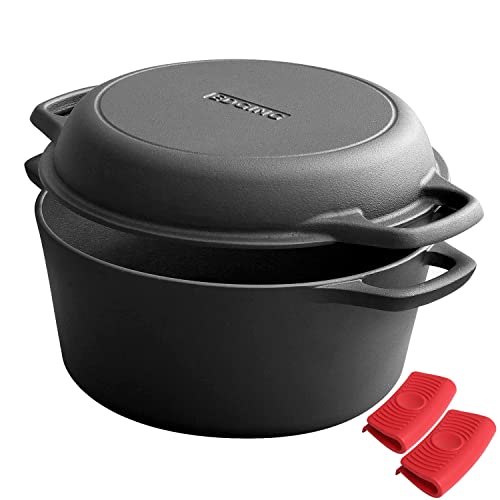 EDGING CASTING 2-in-1 Pre-Seasoned Cast Iron Dutch Oven Pot with Skillet Lid Cooking Pan, Cast Iron Skillet Cookware Pan Set with Dual Handles Indoor Outdoor for Bread, Frying, Baking, Camping, BBQ, 5QT