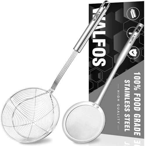 Walfos Spider Strainer, Set of 2-5.5 Inch Stainless Steel Fryer Scoop & 4 inch Fat Skimmer Spoon, Kitchen Spider Skimmer Strainer With Handle, For Cooking Deep Fryer, Pasta, Egg,Fat