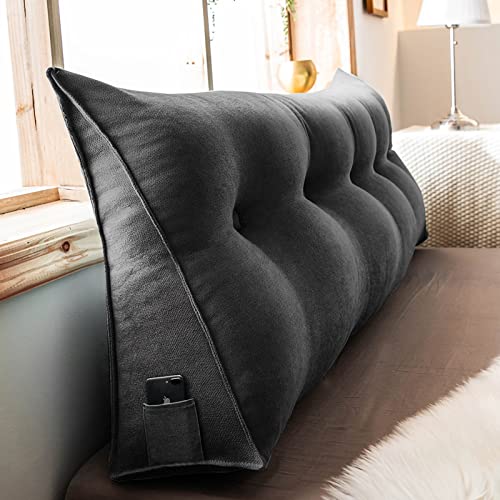 39 bolster pillow - Headboard Pillow Triangular Headboard Wedge Bed Rest Reading Pillow Backrest Positioning Support Bolster Cushion with Removable Cover 39 X 20 X 8 in Black Grey