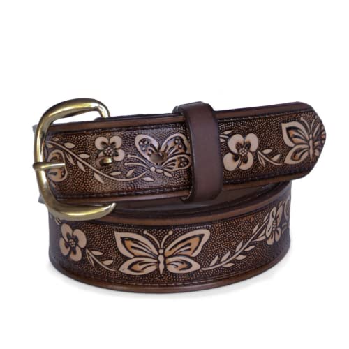 R.G. BULLCO U.S.A. LEATHER GOODS - 1-1/2' Handcrafted Women's Leather Belt - Butterfly & Floral Embossed, Full Grain Leather - Brown - Size 40 - RGB-5517