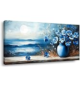 GAFSING Canvas Wall Art Blue Flowers Still Life Beach Oil Painting Prints Rustic Sea Artwork Retr...