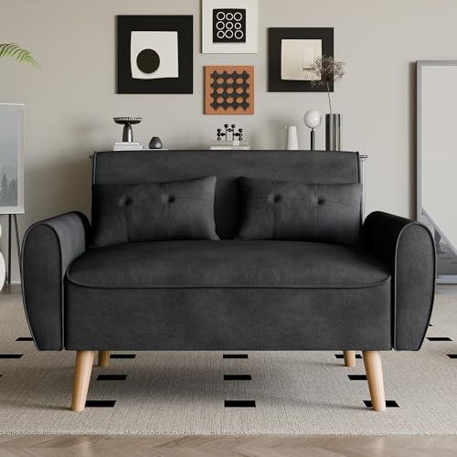 Vongrasig 47" Small Modern Loveseat Sofa, Mid Century Linen Fabric 2-Seat Sofa Couch Tufted Love Seat with Back Cushions and Tapered Wood Legs for Living Room, Bedroom and Small Space (Black)