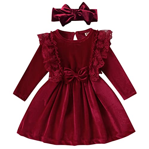 Baby Girl Velvet Dress Infant Toddler Kid Long Sleeve A-line Swing Pleated Princess Dress with Bowknot Headband 2pcs Set Fall Winter Clothes First Christmas Birthday Party Outfit Wine Red 18-24 Months 