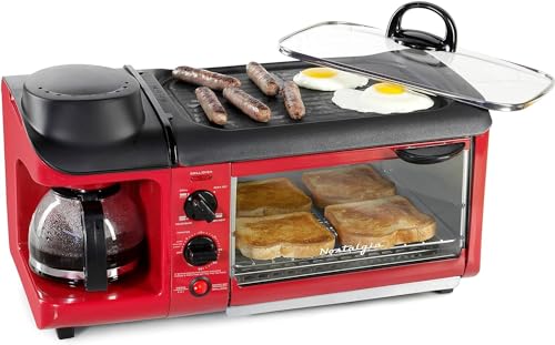 Nostalgia 3-in-1 Breakfast Station - Includes Coffee Maker, Non-Stick Griddle, and 4-Slice Toaster Oven - Versatile Breakfast Maker with Timer - Red