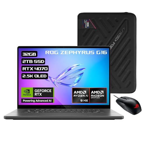 ASUS Laptop ROG Zephyrus G16/AMD Ryzen AI 9 HX 370/NVIDIA RTX 4070/16" 2.5K OLED/32GB RAM/2TB SSD/Teclado Retroiluminado en Español con Tecla Copilot/Gris/Funda(Grantía y Servicio en México)