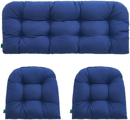 YOOZEKU Outdoor/Indoor All Weather Tufted Wicker Chair Cushions of 3 Pieces, 1 Loveseat and 2 U-Shape Waterproof Cushions for Patio Furniture,Wicker Loveseat,Bench-Navy Blue