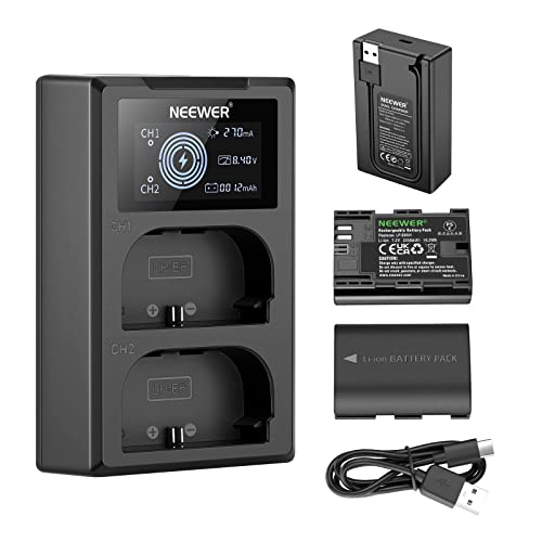 NEEWER LP-E6NH Ersättningsbatteriladdarsats, kompatibelt med Canon EOS R7 R5 R6 R,5D III IV, 6D II, 7D II, 70D, 80D, 90D, 2 batteripaket, dubbel USB-laddare med LCD-skärm, USB-C-kabel