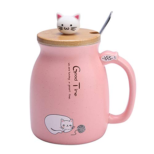 FDIT med en sked och en keramisk mugg för att lägga till Milk Cat Söt present Dekorativ mugg för söta djur (rosa)