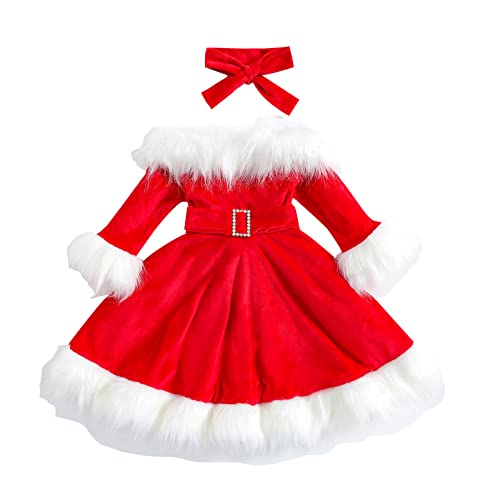 YILEEGOO Kids Toddler Baby Girls Christmas Dress Red Velvet Long Sleeve A-line Dress with Belt and Bow Headband (GRed, 6-7 Years) 