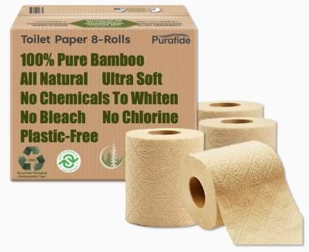 Purafide 100% Bamboo, thick 3-ply toilet paper, tree-free, unbleached, sustainable, 300 sheets per roll (TP 8 rolls)